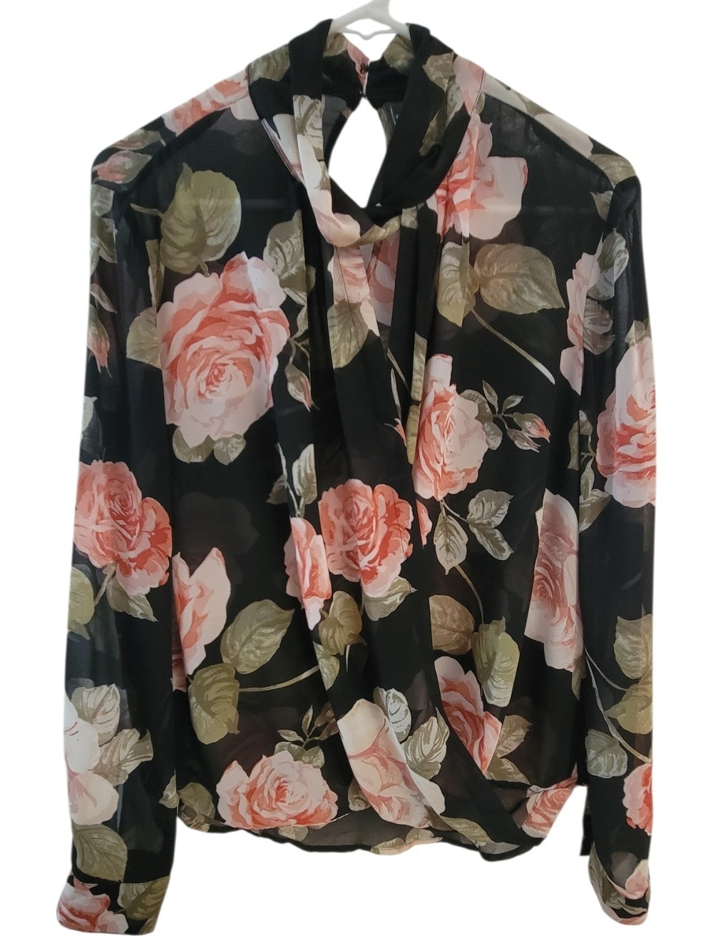 New York & Company Sheer Black Floral Mock Tie-Neck Wrap Blouse with Pink Roses